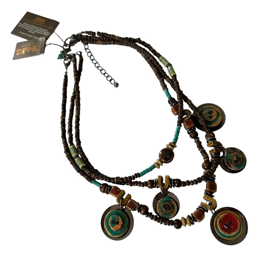 Treska Java Collection Brown Beaded Triple Strand Necklace Boho Gypsy Chunky NWT